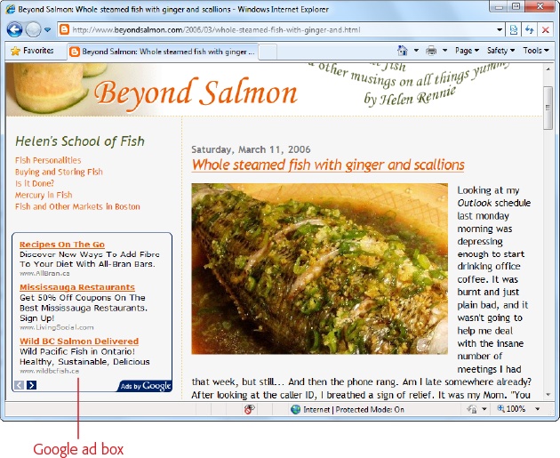 This website nestles a box of three Google AdSense ads alongside a scrumptious recipe. The ads blend into the scenery perfectly because they have a similar visual style (they have the same background color and font), and because the content matches the article. Google calls this grouping of ads an “ad unit.” You choose the ad layout and the number of ads you want per page, so it’s up to you whether you want to slip a few ads in quietly or have them dominate your page.