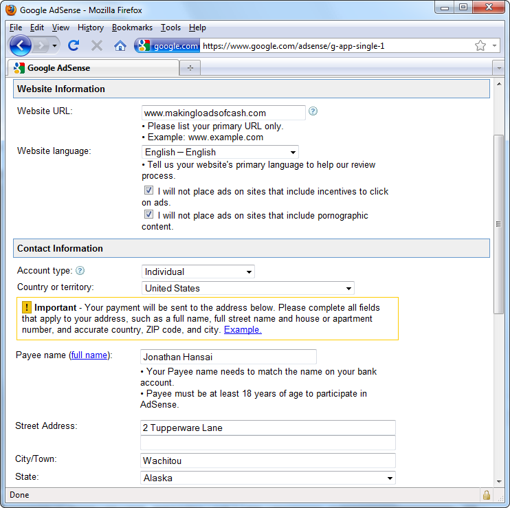 Google AdSense collects all the information it needs, from details about your website to your address, in a single page.
