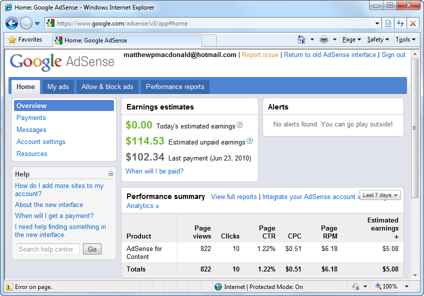 Google divides its AdSense page into several tabs. Initially, you begin at the Home tab, where you configure your AdSense account and review the money you’ve made so far.