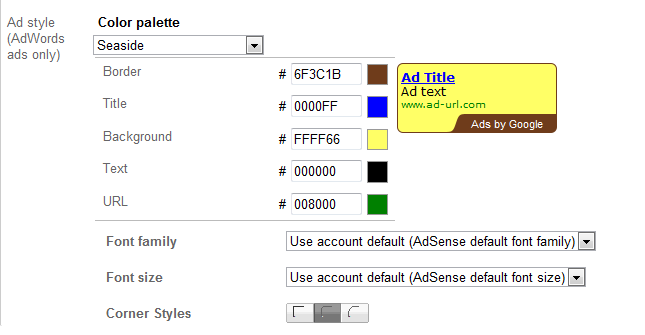 As you change the colors, font, and borders around your ad unit, Google previews the results in a single-ad format.