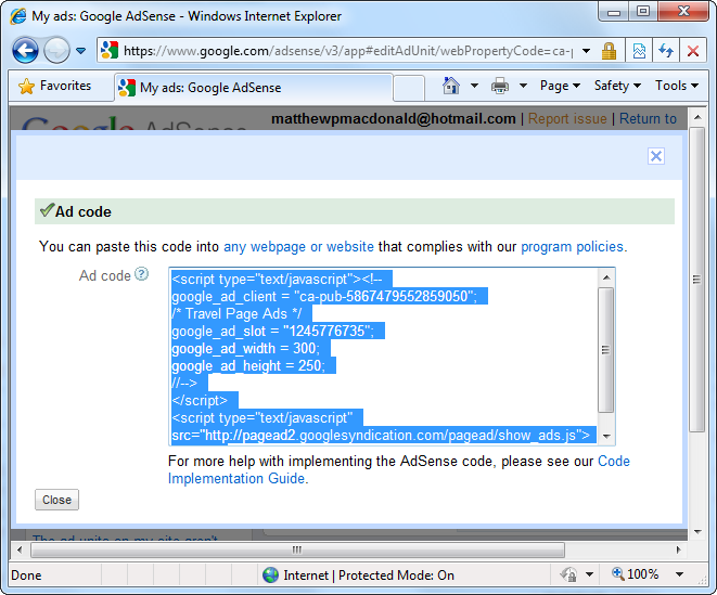 An AdSense ad unit doesn’t consist of HTML elements—instead, it’s JavaScript code (which you’ll learn about in Chapter 14). Google uses a script because it needs to generate blocks of ads dynamically, according to the preferences you chose. Whenever a visitor requests your page, the ad script runs, communicates with the Google web servers and asks for a set of ads. The server looks up relevant ads, applies your layout and color options, and sends the final block of HTML back to the script box so you can insert it into your page.