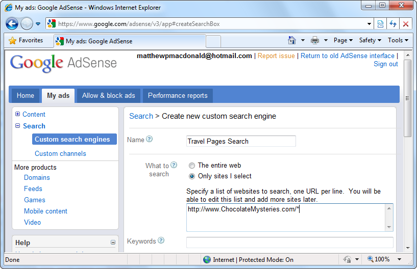 Usually, when you pick “Only sites I select,” you enter just one site in the “Selected sites” box—yours. That way, visitors can hunt for one of your pages without being seduced by another site on the Web. For example, if you have dozens of pages of travel stories, a visitor could home in on the page they want by searching for “funny story about rubber chicken in Peru.”