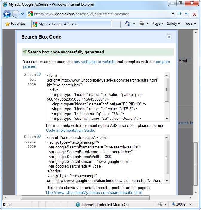 This example includes the markup for the custom search box (top) and the search results listing (bottom). As tempting as it may be, resist the urge to change the search box markup, as Google strictly forbids the practice.