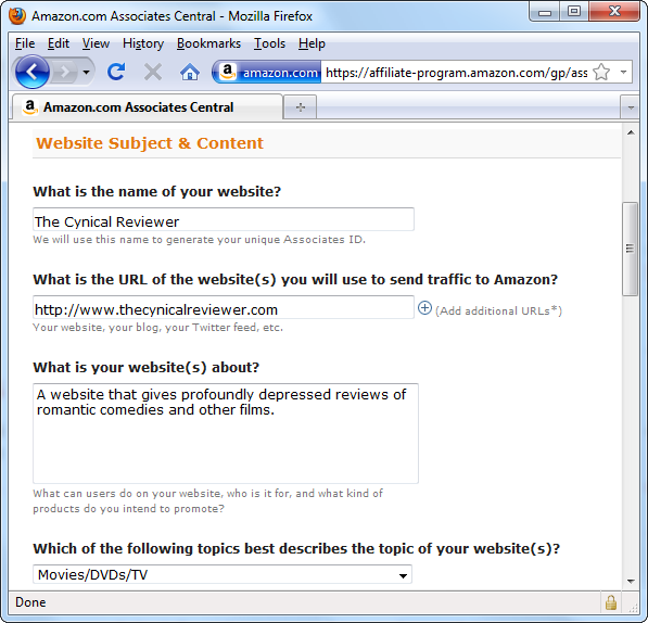 To become an Amazon associate, you need to supply some basic information about your site. Don’t skip this step, because someone from Amazon will take a quick look at your site before she approves you for the program.