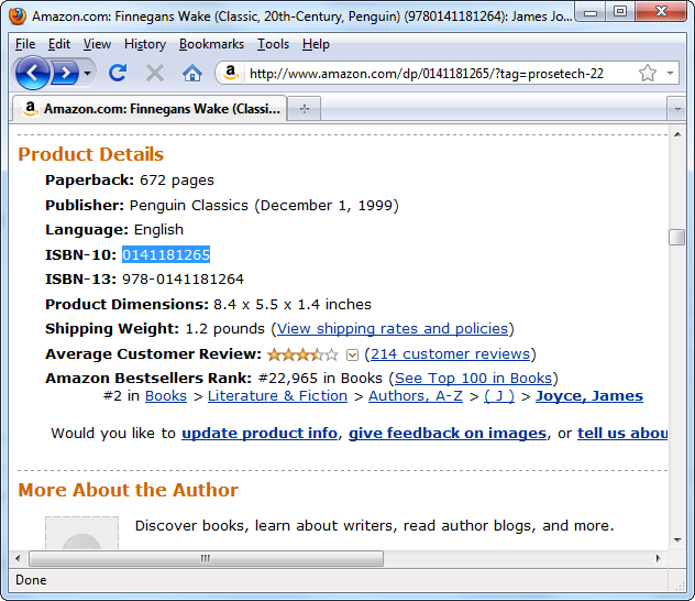 Every item in the Amazon catalog has a unique ASIN, which you can find in the Product Details section of that product’s page. For books, the ASIN is the same as the 10-digit ISBN (highlighted), which is an industry-standard book ID number.