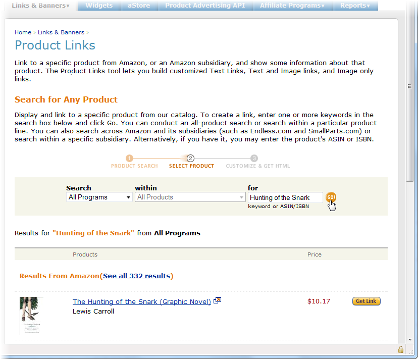 When you build a link, you can search for the specific product you want. This search works in more or less the same way as a search from the Amazon home page.