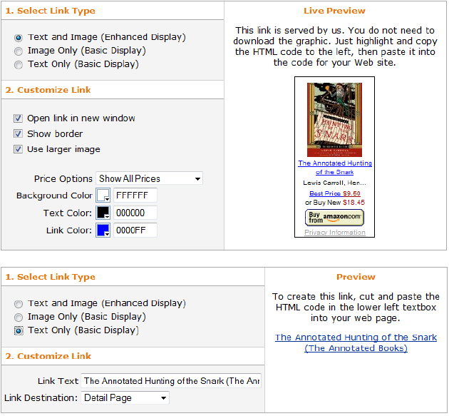 As you choose your link options, Amazon previews the final result. You can choose to make a text-and-image link (top) or a plainer, easier-to-integrate text link (bottom).
