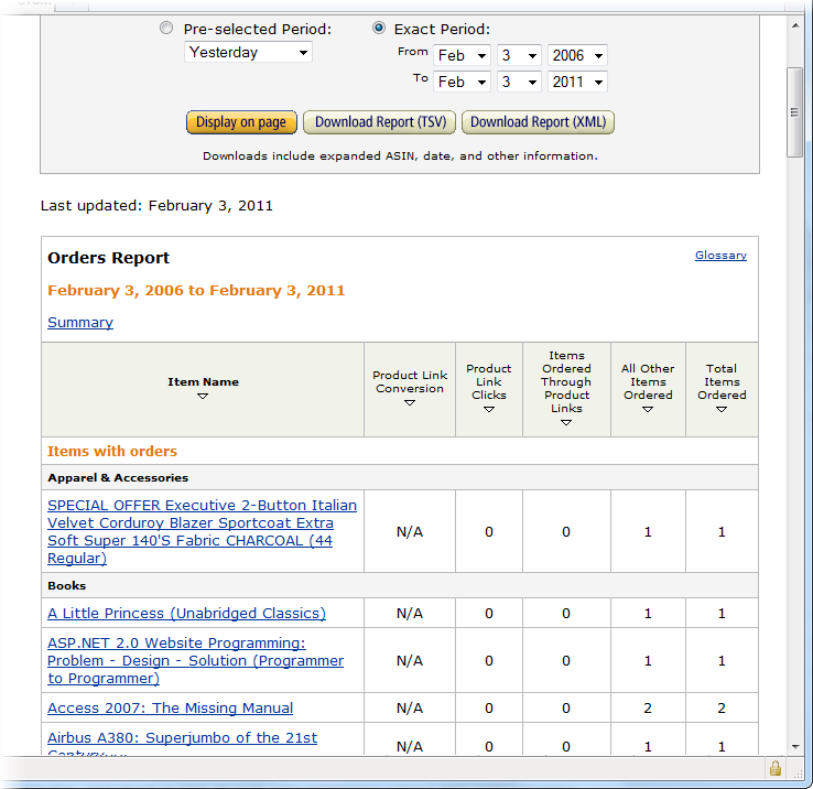 Amazon provides many different types of reports. To get a fascinating look at the items your visitors are buying, click Orders Report in the menu on the left.