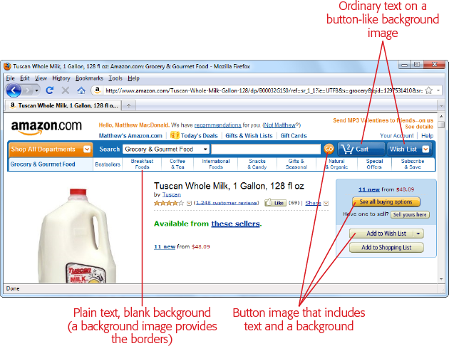 This Amazon page uses three button techniques: ordinary text links in a box, text over a button-like background, and buttons that combine the text and background in one image.