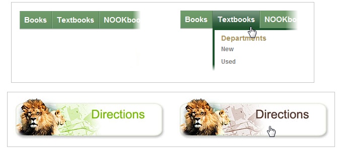 Top: This button uses ordinary text with a green background that darkens when a mouse moves over it.Bottom: This graphical button swaps pictures on mouseover.