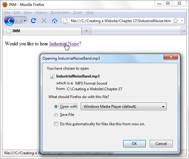 When you click a link to a multimedia file, your browser asks whether you want to save the file or open it straightaway. If you choose the latter, your browser first downloads the file, and then launches it using a separate program. The actual program your browser uses to play the file depends on the software installed on your computer. For example, it might be Windows Media Player or Apple’s QuickTime Player.