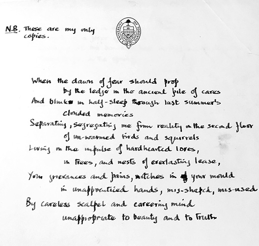 A handwritten copy of one of Austin Clarke's poems. The paper contains the logo of University of Toronto on the top.