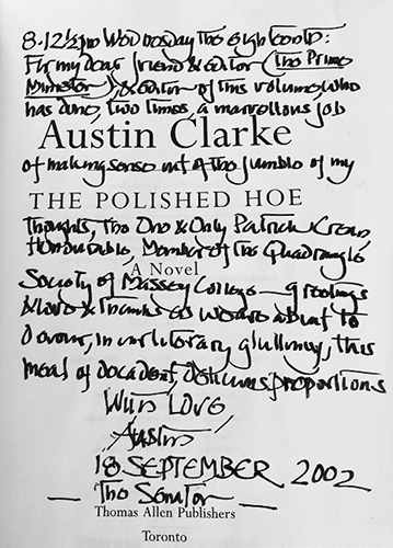 The first page of The Polished Hoe is shown in which Austin Clarke has written a dedication to Patrick Crean, dated September 18, 2002.