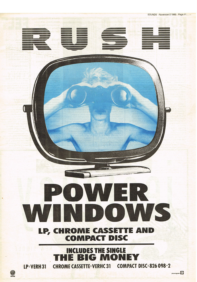 A flyer for Power Windows. The text reads 'Power Windows. LP, chrome cassette and compact disc. Includes the single 'The Big Money.'' Above the text is an image of a retro TV with a person in the TV looking at the viewer with a pair of binoculars.