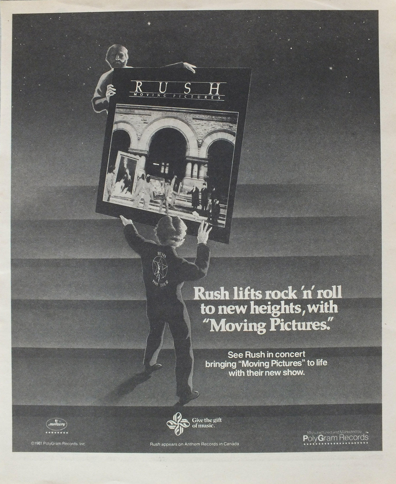 One of three black and white full-page magazine advertisements. This advertisement features a person holding up an oversized album cover. Text to the right of the person reads 'Rush lifts rock 'n' roll to new heights with Moving Pictures.'