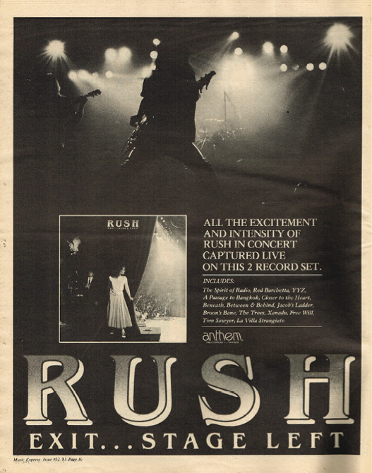 One of three black and white full-page magazine advertisements. This advertisement features an album cover. Behind the album cover is a silhouette of a performer on a stage playing guitar. Below the album cover, the text reads 'Rush. Exit... Stage Left.'