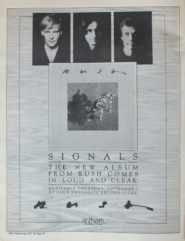 One of three black and white full-page magazine advertisements. This advertisement features an album cover in the centre of the page. Above the album cover are pictures of the band members and below it the text reads 'Signals. The new album from Rush comes in loud and clear.'