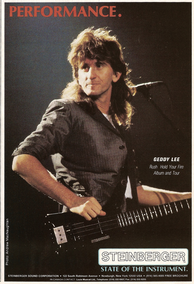 A full-page advertisement for Steinberger featuring a photograph of Geddy playing live with a black Steinberger bass guitar. A heading above Geddy reads 'Performance.'