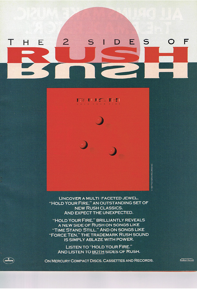 A full-page advertisement for Hold Your Fire. It features the album cover against a dark blue background. Above it, the text reads 'The 2 sides of RUSH' with the word RUSH reflected below it.