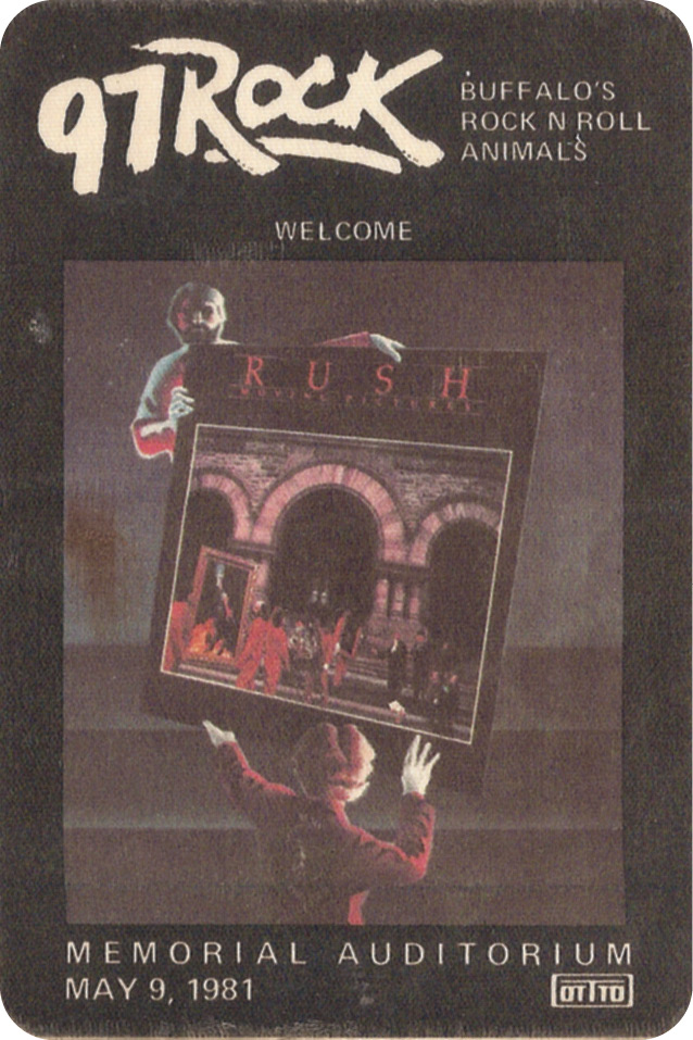 A pass with the full-colour image of a person holding up an oversized album cover. The text on the pass reads ''97 Rock. Buffalo's Rock N' Roll Animals. Memorial Auditorium. May 9, 1981.'