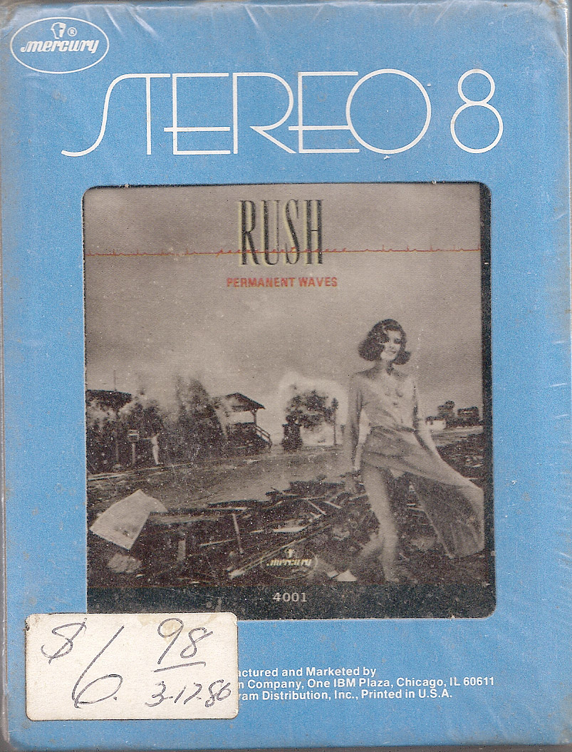 An eight-track tape for Permanent Waves in blue packaging.