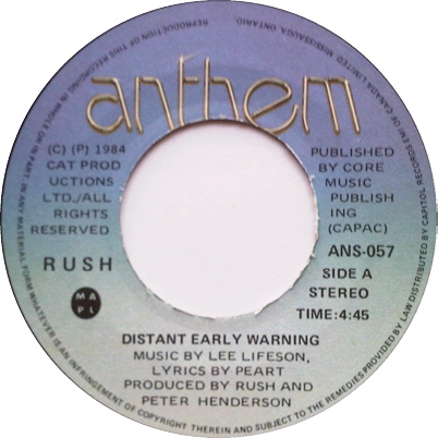 The record label for Anthem Records' 'Distant Early Warning' single. Similar to the 'Red Sector A' label, the word 'anthem' is written in decorative font.