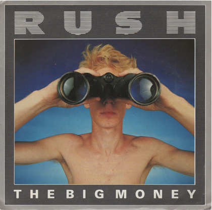 The sleeve for the single 'The Big Money.' It features an illustration of a shirtless young caucasian man looking through a pair of binoculars at the viewer.