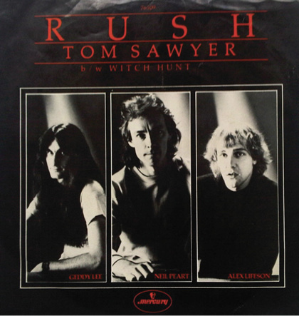 The sleeve for the single 'Tom Sawyer.' It features tall black and white portraits of each of the band members. From left to right, Geddy, Neil, and Alex.