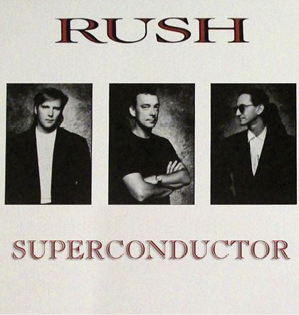 The sleeve for the single 'Superconductor.' It features the band members taken in the same outfits and style used for the sleeve of 'The Pass.' But instead of one group picture, the photographs are cut into three separate images. From left to right: Alex, Neil, and Geddy.