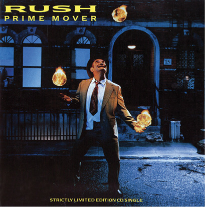 The sleeve for the single 'Prime Mover.' It features a man, wearing a dishevelled suit with a hat, juggling three balls on fire on the street at night.