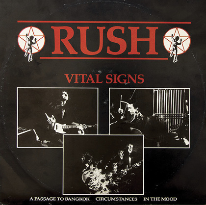 The sleeve for the single 'Vital Signs.' It features three black and white photographs of the band performing.