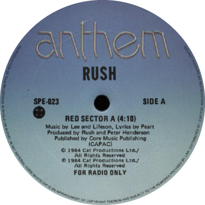 The record label for the Anthem Records' 'Red Sector A' single. At the top of the label, the word 'anthem' is written in decorative font.