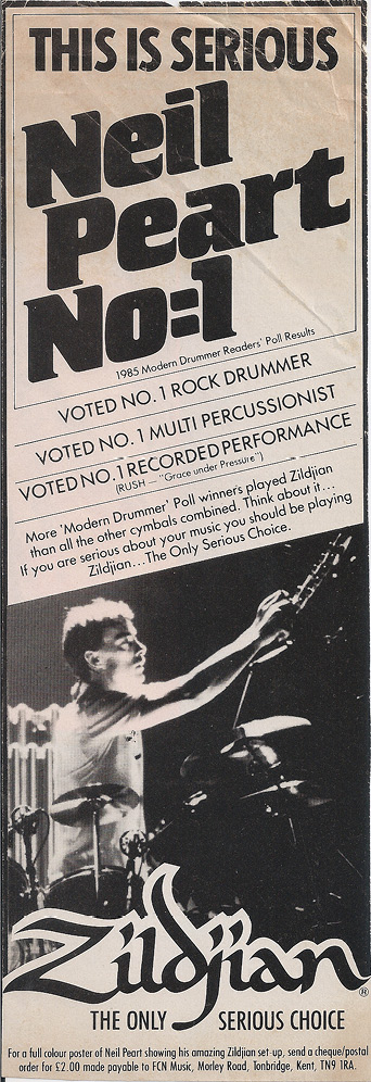 Ziljian cymbal advertisement that reads 'This Is Serious: Neil Peart No. 1.'