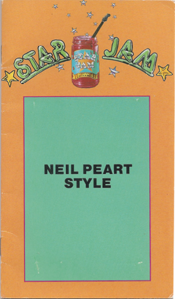 A brightly coloured booklet. The title at the top reads 'Star Jam' with a jar of jam in between the word 'star' and 'jam.' Below it, the text reads 'Neil Peart Style.'