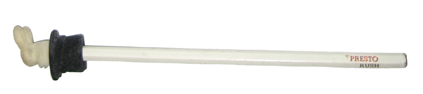 An unsharpened pencil with a white rabbit in a black top hat at one end of the pencil.