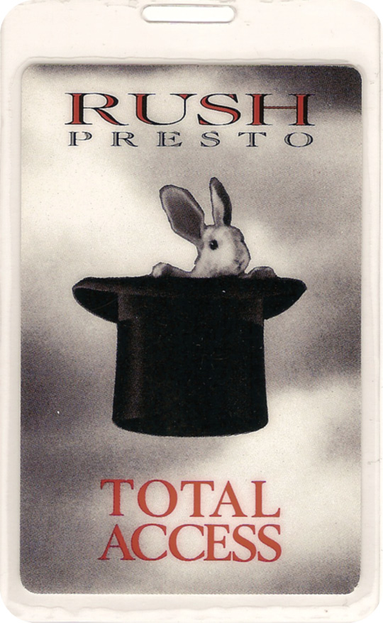 Total Access backstage pass for the Presto tour. It features a rabbit in a black top hat.