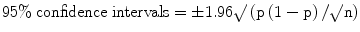 
$$ 95\%\;\mathrm{confidence}\;\mathrm{intervals}=\pm 1.96\surd \left(\mathrm{p}\left(1-\mathrm{p}\right)/\surd \mathrm{n}\right) $$
