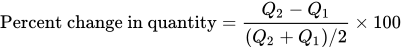 Percent change in quantity equals cap q sub two minus cap q sub one divided by left parenthesis cap q sub two plus cap q sub one right parenthesis solidus two multiplication 100