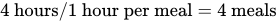 four hours prefix solidus of one hour per meal equals four meals