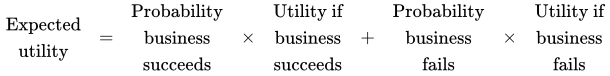 multiline equation row 1 multiline equation line 1 Expected line 2 utility equals multiline equation line 1 Probability line 2 business line 3 succeeds multiplication multiline equation line 1 Utility if line 2 business line 3 succeeds plus multiline equation line 1 Probability line 2 business line 3 fails multiplication multiline equation line 1 Utility if line 2 business line 3 fails