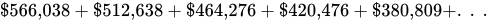 dollar times 566 comma 038 plus dollar times 512 comma 638 plus dollar times 464 comma 276 plus dollar times 420 comma 476 plus dollar times 380 comma 809 postfix plus full stop full stop full stop