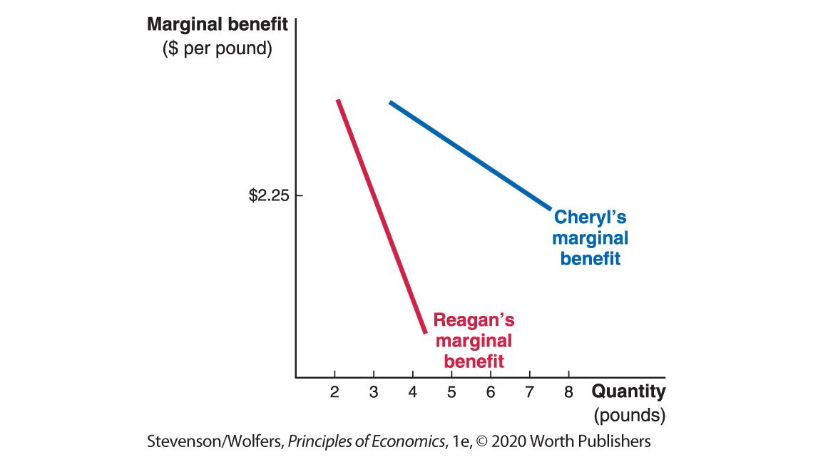 A line graph plots Quantity in pounds along the horizontal axis and Marginal benefit in dollars per pound along the vertical axis. 