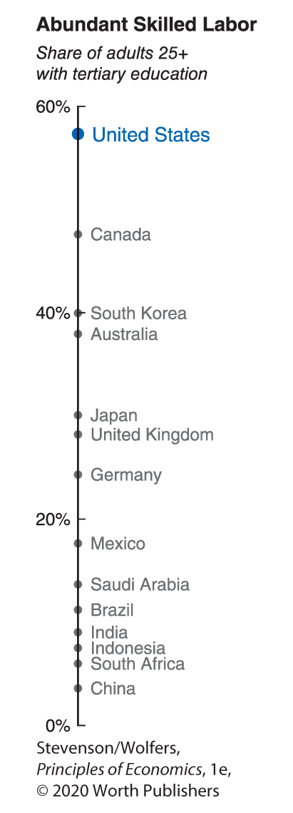 A scale titled Abundant Skilled Labor measures the percent of adults aged over 25 with tertiary education in various countries. 