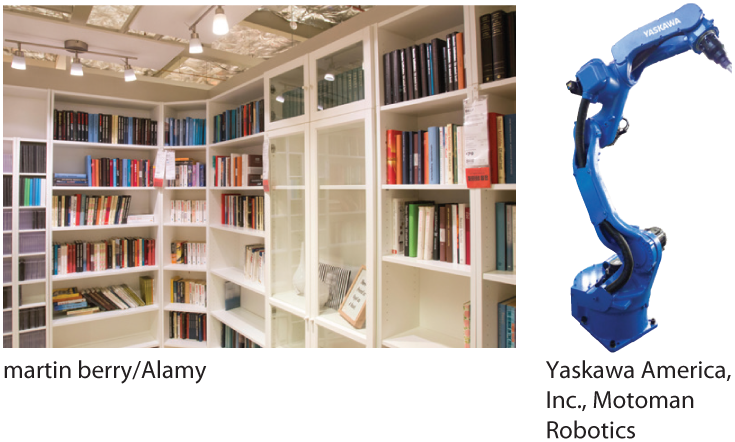 A photo shows a bookcase and a robot. 