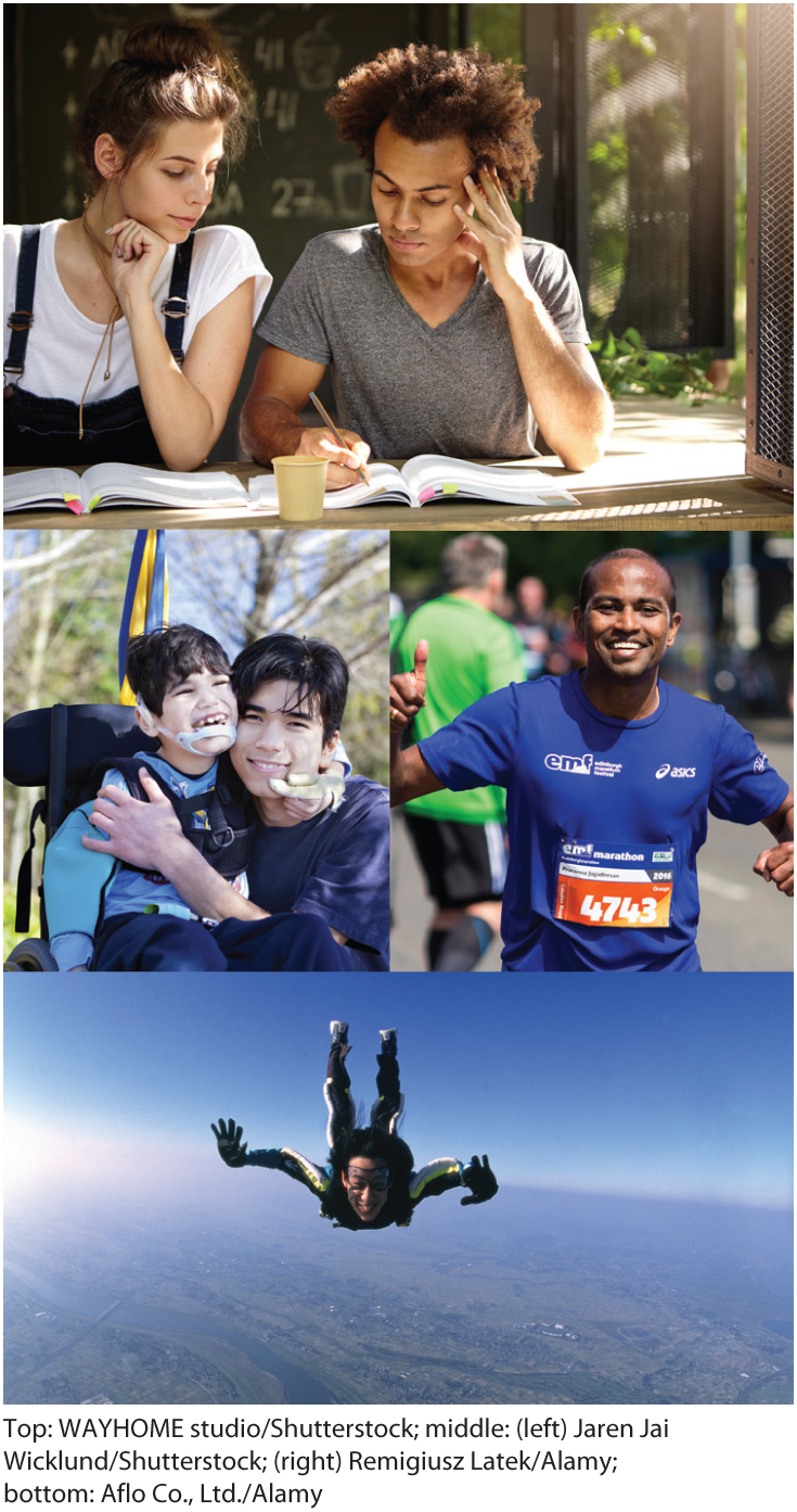 Four photos show a young man and a woman talking with some notes in front of them; a father embracing his son after an adventure ride; a man posing for a photo during the marathon; and a woman skydiving. 