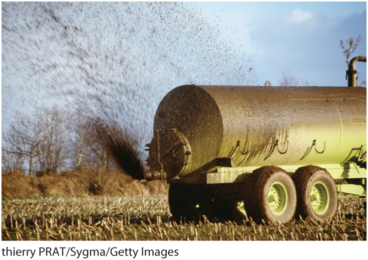 A photo shows a manure applicator throwing manure to a field. 