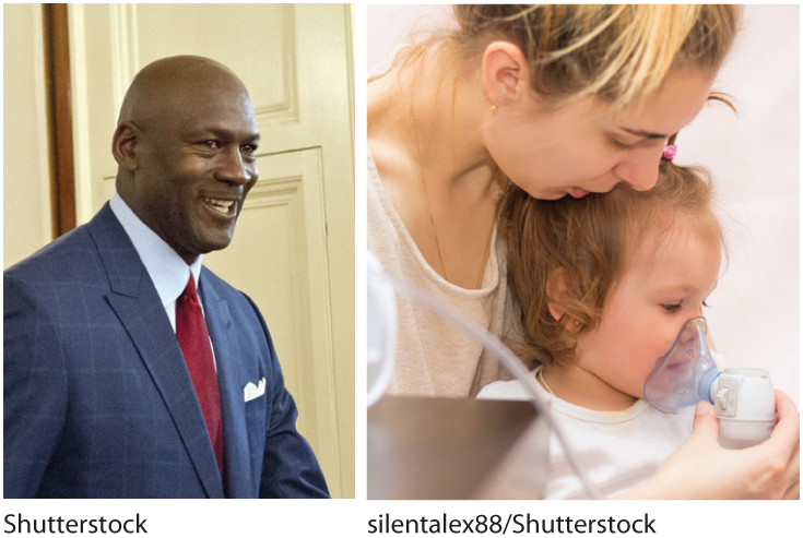 A photo of Michael Jordan dressed in a suit and a photo of a mother holding a nebulizer to her child’s mouth.