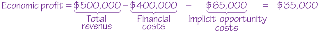 An equation reads, Economic profit equals 500,000 dollars (this is labeled as Total revenue) minus 400,000 dollars (this is labeled as Financial costs) minus 65,000 dollars (This is labeled as Implicit opportunity costs) equals 35,000 dollars.