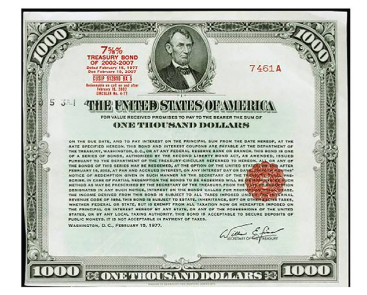 A photo shows a 1000 dollars bond certificate.