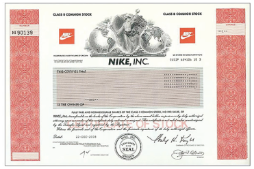 A photo shows a Nike stock certificate.